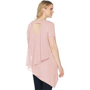Lisa Rinna Top XL Pink Chiffon Back Asymmetric V-Neck Short Sleeve Tunic